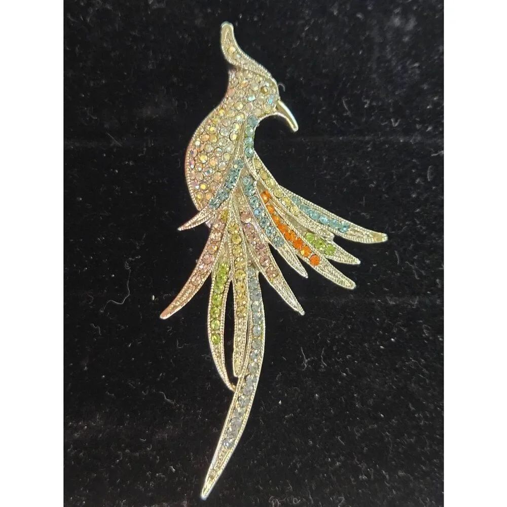 Vintage Silver Tone Multicolored Rhinestone Cockatoo Pin Brooch